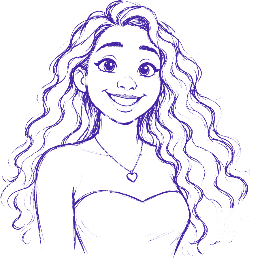 Hand-drawn portrait of Tiana in purple pen