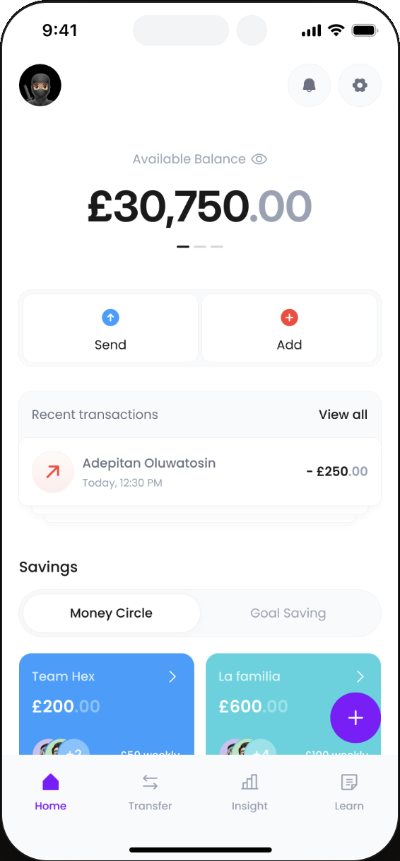 Fundi app home screen showing balance, recent transactions and Money Circles