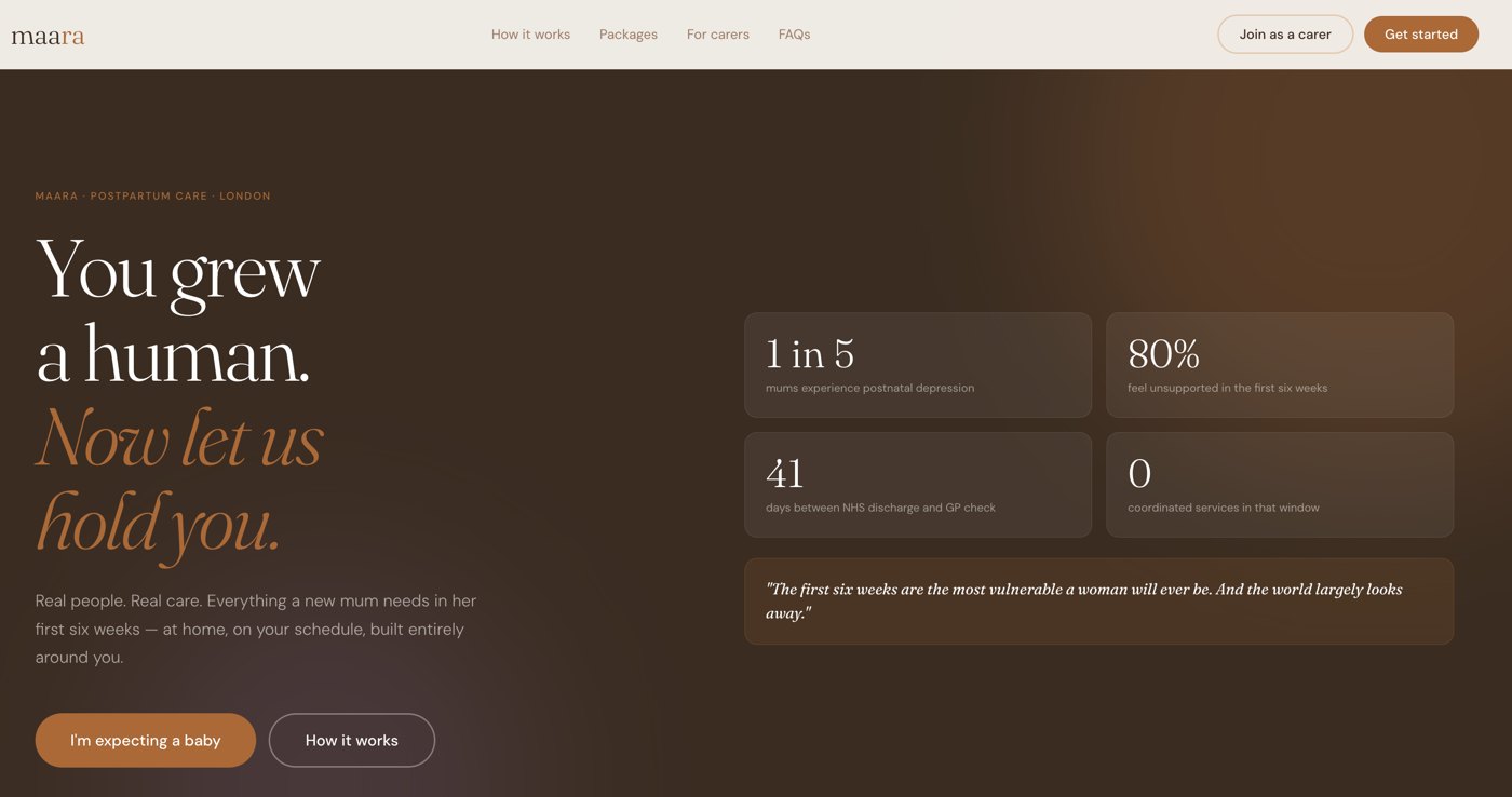 Maara homepage: You grew a human. Now let us hold you.